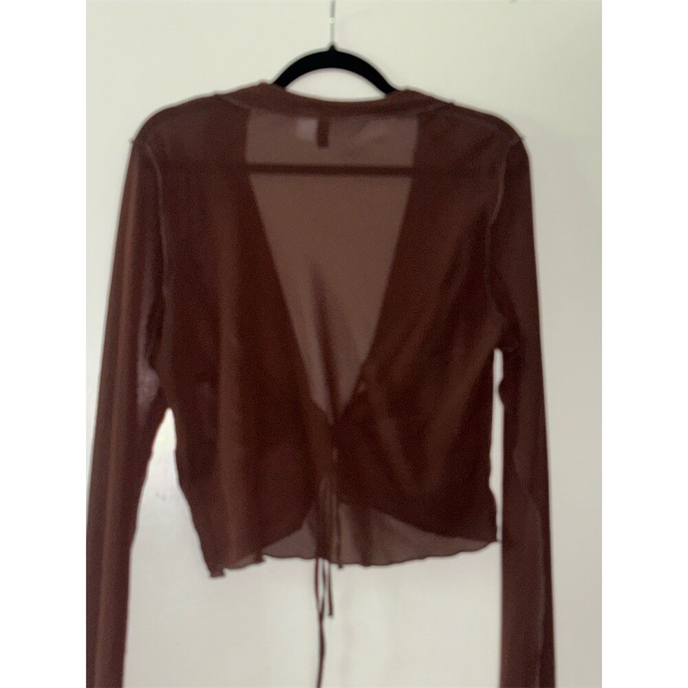 Divided H&M Blouse Womens Size L Brown Sheer Mesh Tie-Front Cropped Top